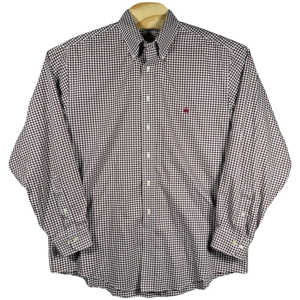 Brooks Brothers Button Down Shirt Men Large Maroon Check Logo Embroidered Preppy